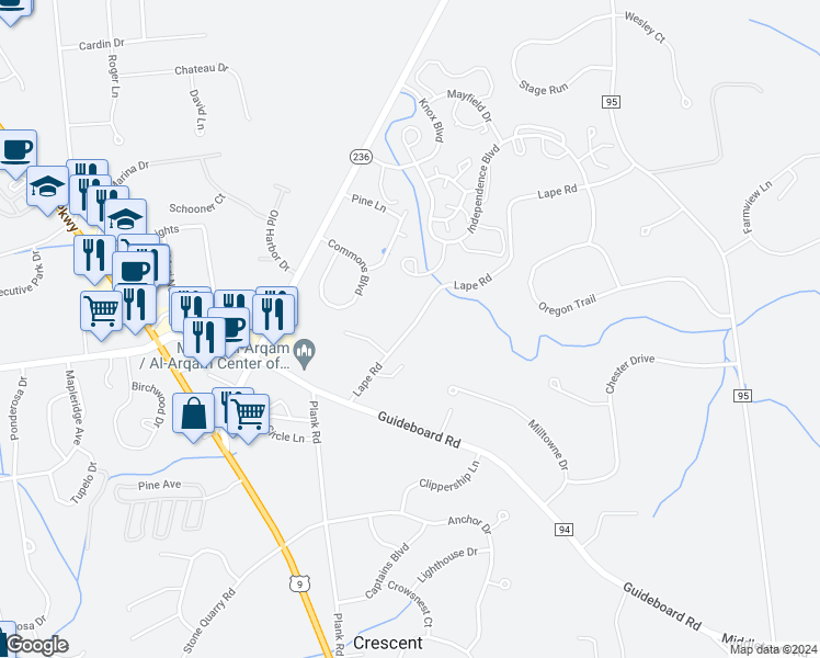 map of restaurants, bars, coffee shops, grocery stores, and more near 24a Lape Road in Waterford