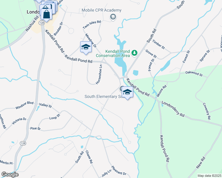 map of restaurants, bars, coffee shops, grocery stores, and more near 79 South Road in Londonderry