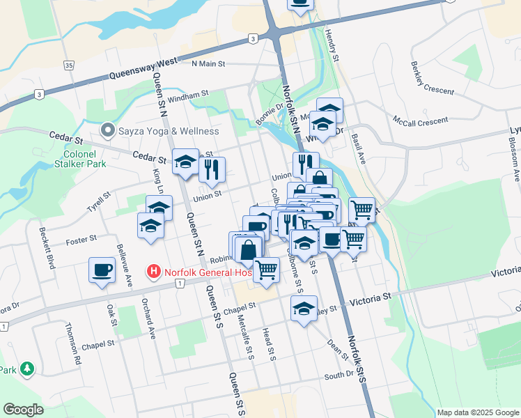 map of restaurants, bars, coffee shops, grocery stores, and more near 73 Talbot Street North in Norfolk