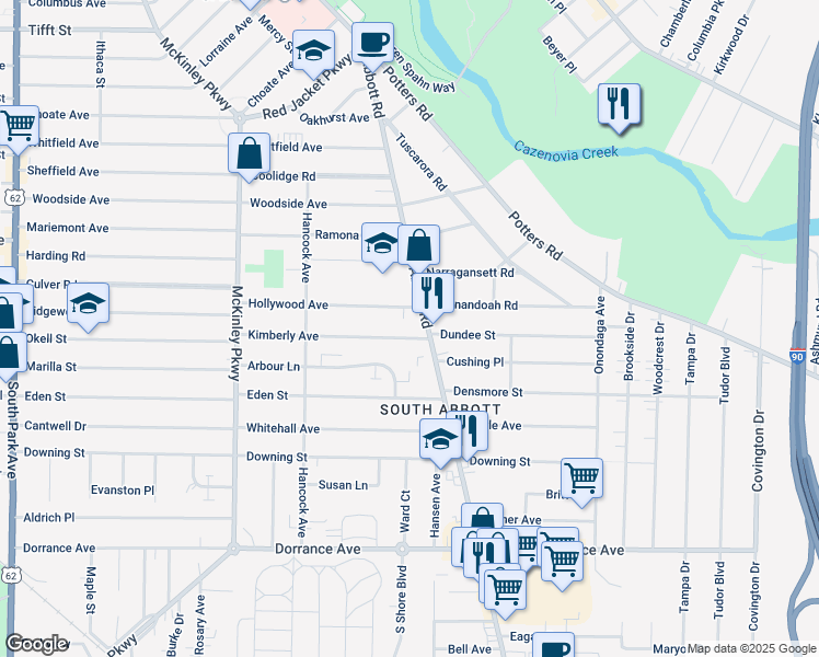map of restaurants, bars, coffee shops, grocery stores, and more near 172 Kimberly Avenue in Buffalo
