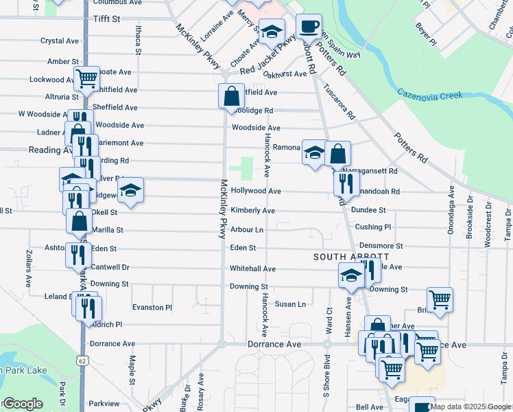 map of restaurants, bars, coffee shops, grocery stores, and more near 48 Kimberly Avenue in Buffalo
