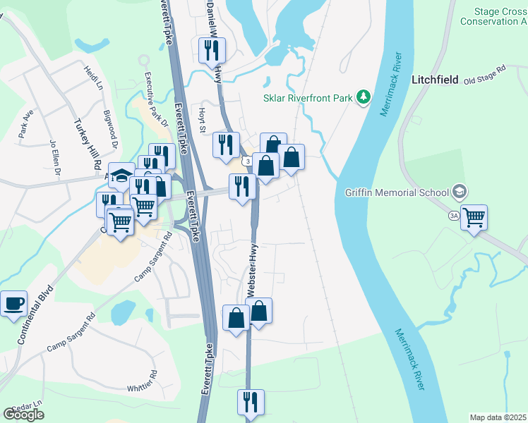 map of restaurants, bars, coffee shops, grocery stores, and more near 297 Daniel Webster Highway in Merrimack