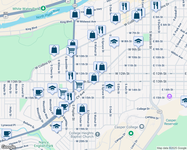 map of restaurants, bars, coffee shops, grocery stores, and more near 1204 South Walnut Street in Casper