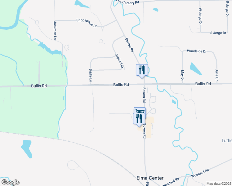 map of restaurants, bars, coffee shops, grocery stores, and more near 2090 Bullis Road in Elma Center