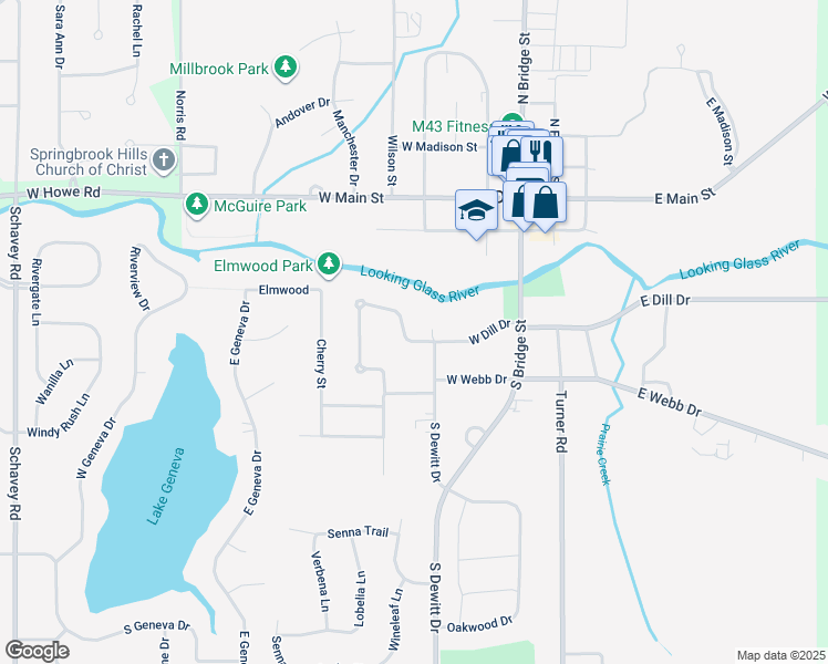 map of restaurants, bars, coffee shops, grocery stores, and more near 402 West Dill Drive in DeWitt