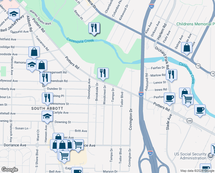 map of restaurants, bars, coffee shops, grocery stores, and more near 437 Potters Road in Buffalo