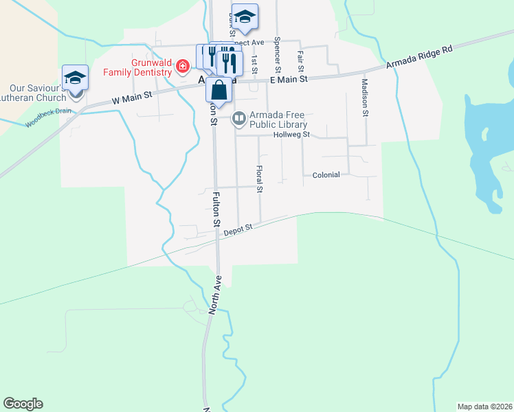 map of restaurants, bars, coffee shops, grocery stores, and more near 73414 Church Street in Armada