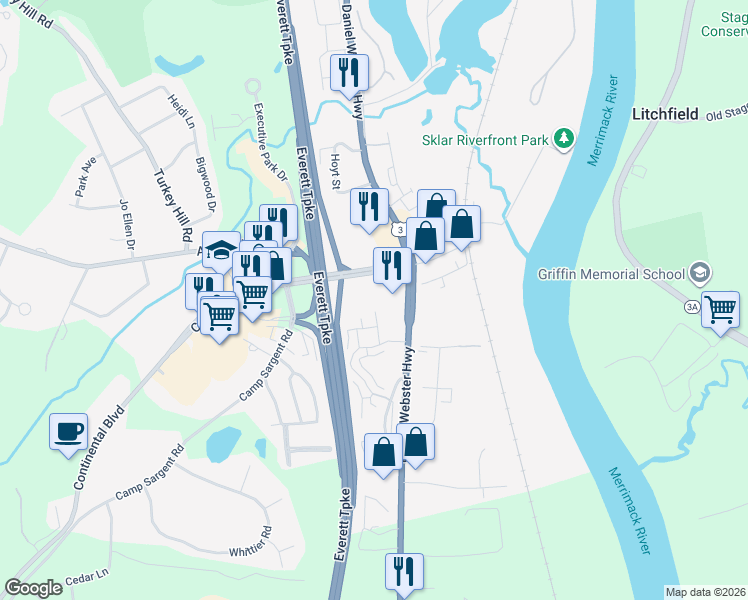 map of restaurants, bars, coffee shops, grocery stores, and more near 302 Mound Court in Merrimack