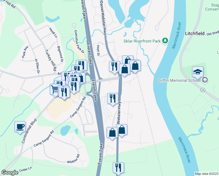 map of restaurants, bars, coffee shops, grocery stores, and more near 302 Mound Court in Merrimack