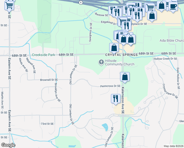 map of restaurants, bars, coffee shops, grocery stores, and more near 1360 Meadow Green Court Southeast in Caledonia