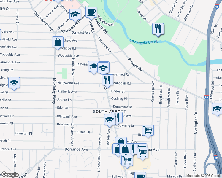 map of restaurants, bars, coffee shops, grocery stores, and more near 14 Dundee St in Buffalo