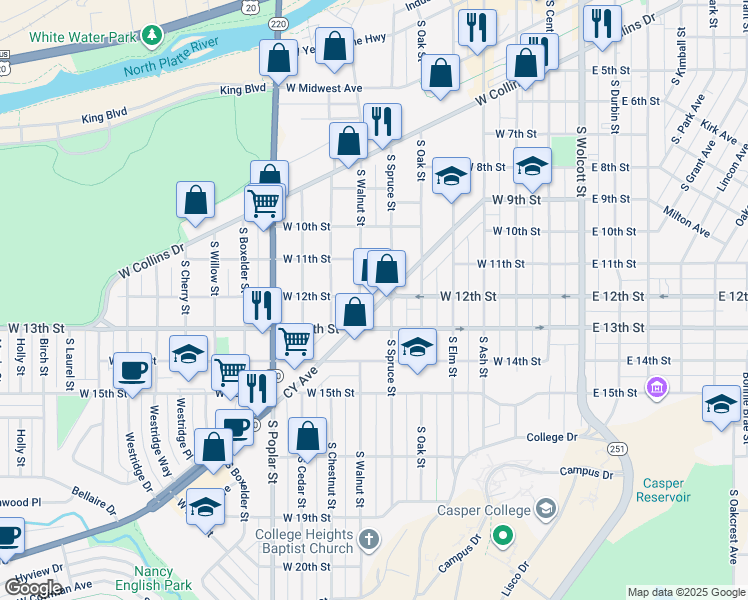 map of restaurants, bars, coffee shops, grocery stores, and more near 615 CY Avenue in Casper