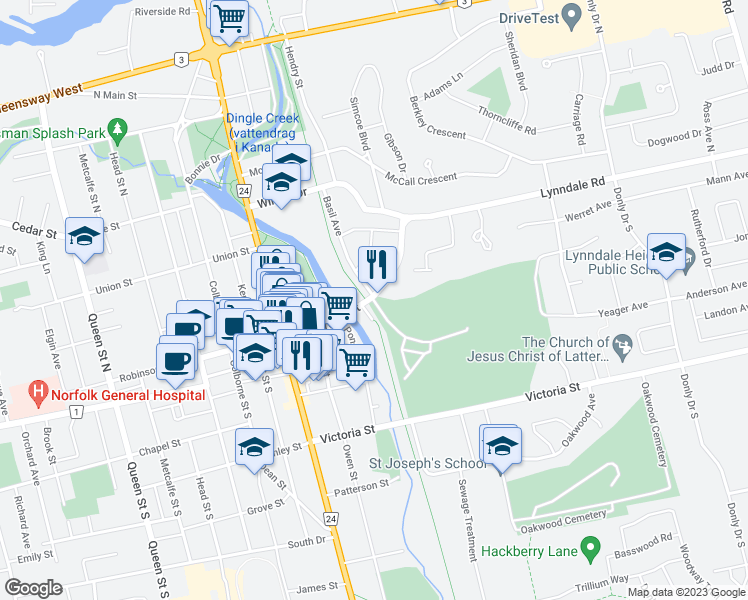 map of restaurants, bars, coffee shops, grocery stores, and more near 1 Argyle Street in Simcoe