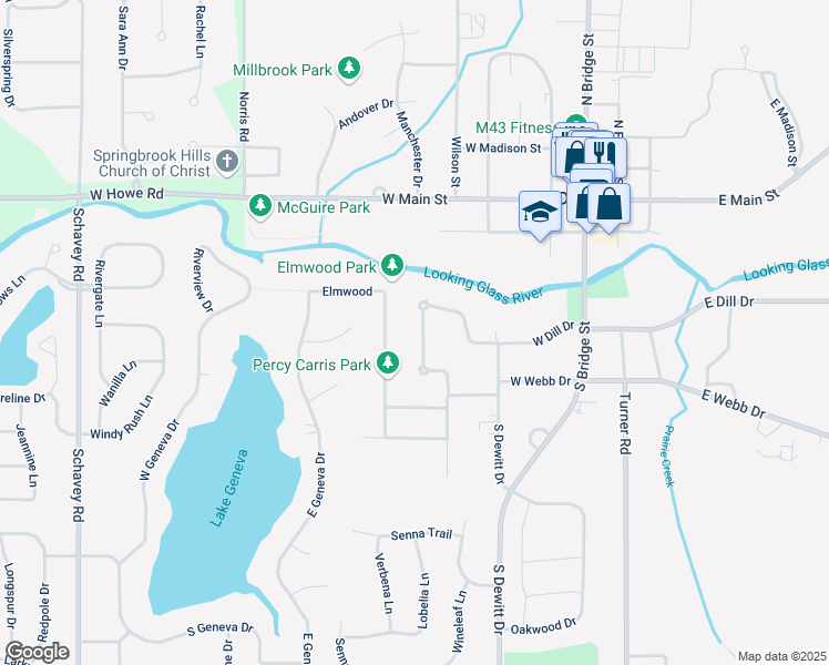 map of restaurants, bars, coffee shops, grocery stores, and more near 518 Looking Glass Glen Drive in DeWitt