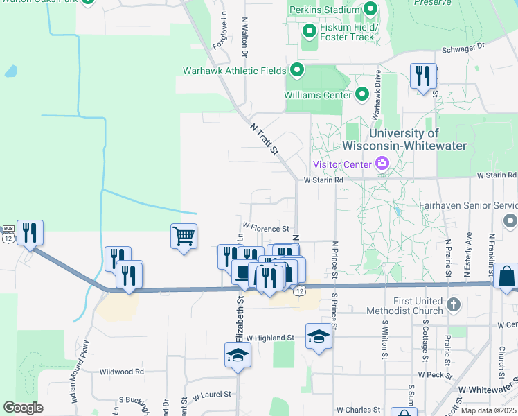 map of restaurants, bars, coffee shops, grocery stores, and more near 1161 West Carriage Drive in Whitewater