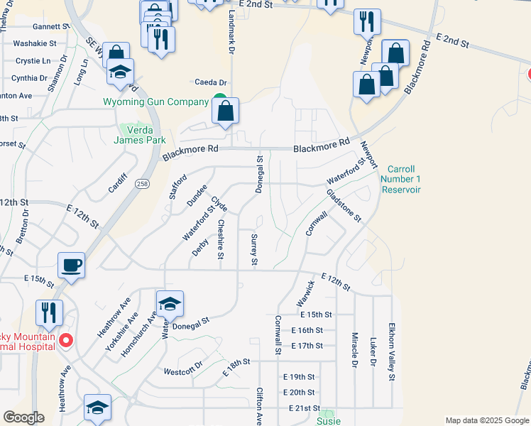 map of restaurants, bars, coffee shops, grocery stores, and more near 1013 Surrey Court in Casper