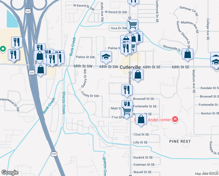 map of restaurants, bars, coffee shops, grocery stores, and more near 6932 Interurban Avenue Southwest in Grand Rapids