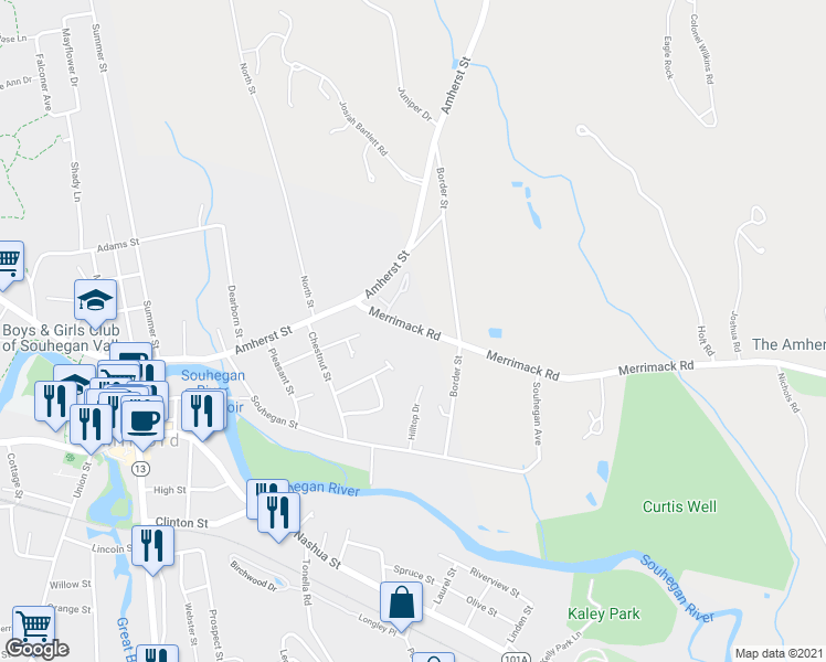 map of restaurants, bars, coffee shops, grocery stores, and more near 27 Merrimack Road in Milford