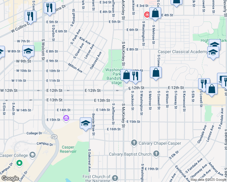 map of restaurants, bars, coffee shops, grocery stores, and more near 899 East 12th Street in Casper
