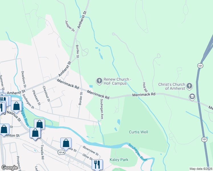 map of restaurants, bars, coffee shops, grocery stores, and more near 34 Merrimack Road in Amherst