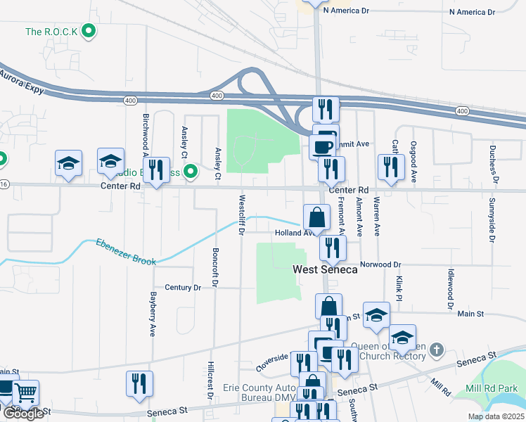 map of restaurants, bars, coffee shops, grocery stores, and more near 687 Center Road in Buffalo