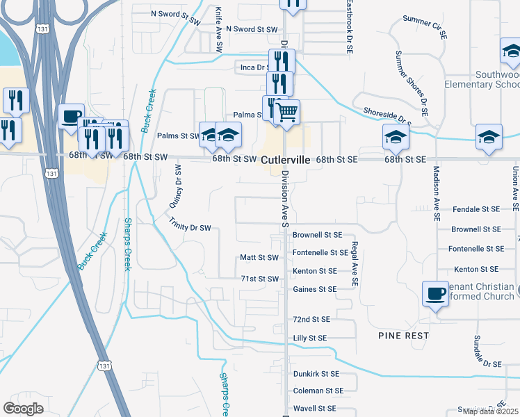 map of restaurants, bars, coffee shops, grocery stores, and more near 38 Rawlings Street Southwest in Grand Rapids