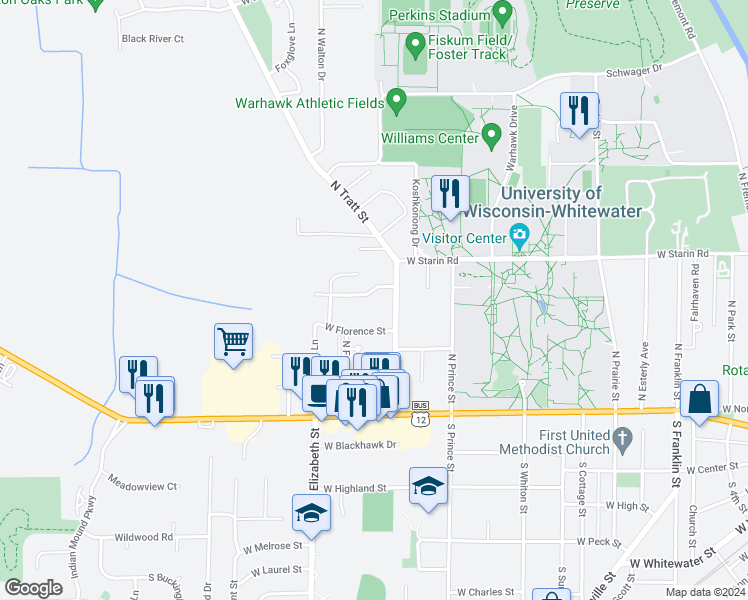 map of restaurants, bars, coffee shops, grocery stores, and more near 1121 West Carriage Drive in Whitewater