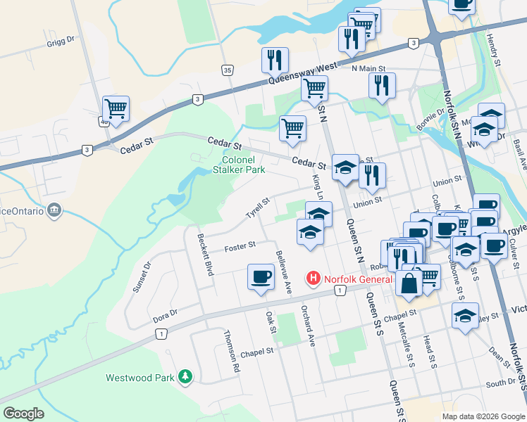 map of restaurants, bars, coffee shops, grocery stores, and more near 85 Bellevue Avenue in Norfolk