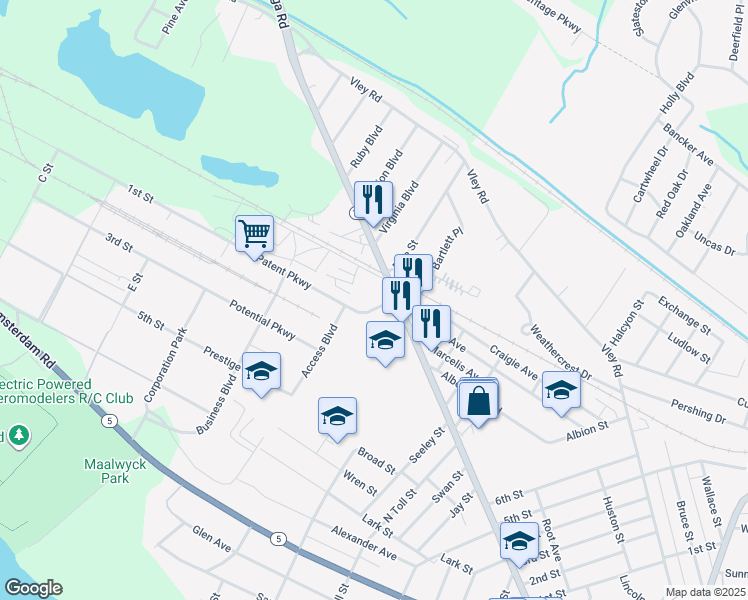map of restaurants, bars, coffee shops, grocery stores, and more near 215 Sacandaga Road in Glenville