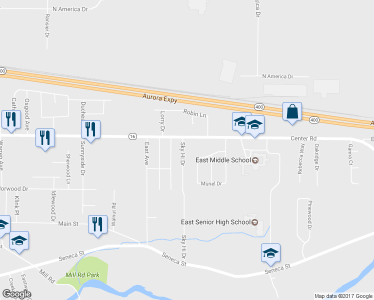 map of restaurants, bars, coffee shops, grocery stores, and more near 261 Sky Hi Drive in Buffalo