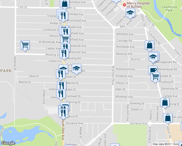 map of restaurants, bars, coffee shops, grocery stores, and more near 125 Ridgewood Road in Buffalo