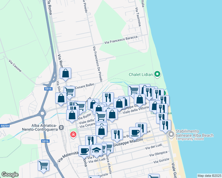 map of restaurants, bars, coffee shops, grocery stores, and more near 17 Via F. Baracca in Alba Adriatica