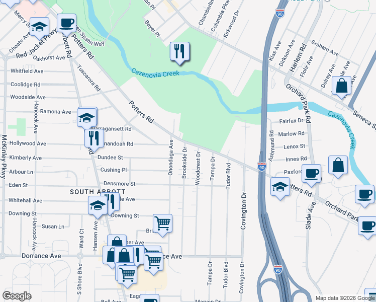 map of restaurants, bars, coffee shops, grocery stores, and more near 20 Brookside Drive in Buffalo
