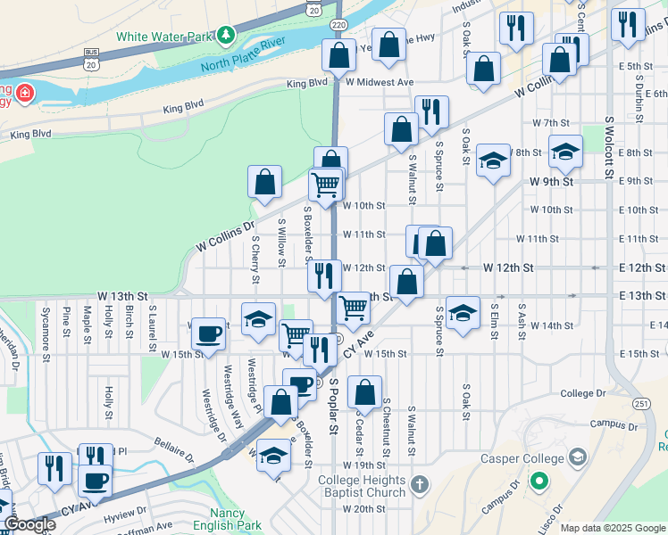map of restaurants, bars, coffee shops, grocery stores, and more near 1001 West 12th Street in Casper