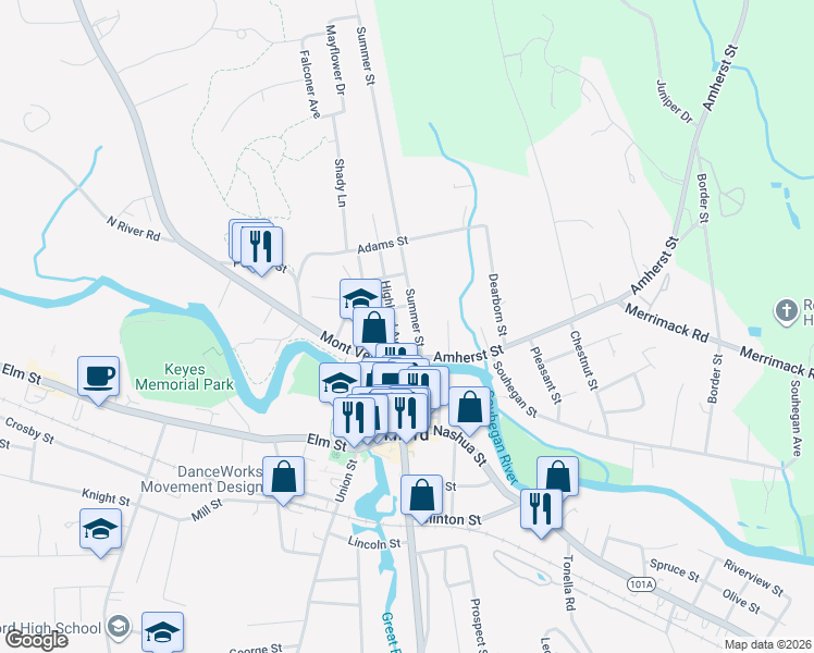 map of restaurants, bars, coffee shops, grocery stores, and more near 14 Summer Street in Milford