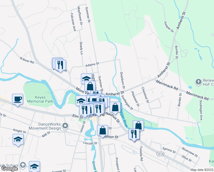 map of restaurants, bars, coffee shops, grocery stores, and more near 14 Forest Street in Milford
