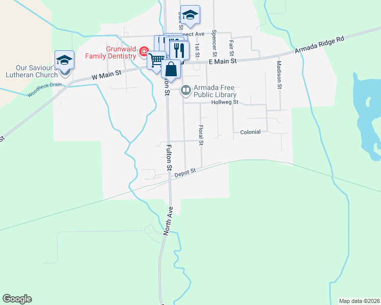 map of restaurants, bars, coffee shops, grocery stores, and more near 73414 Church St in Armada