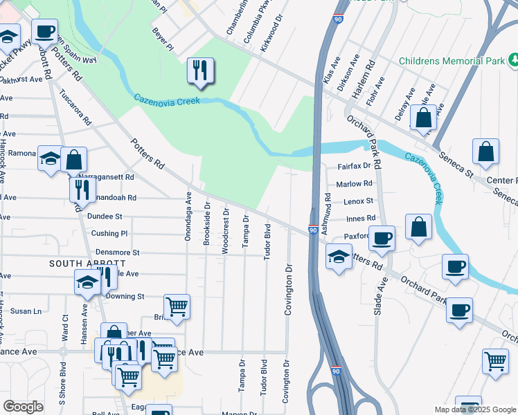 map of restaurants, bars, coffee shops, grocery stores, and more near 478 Potters Road in Buffalo