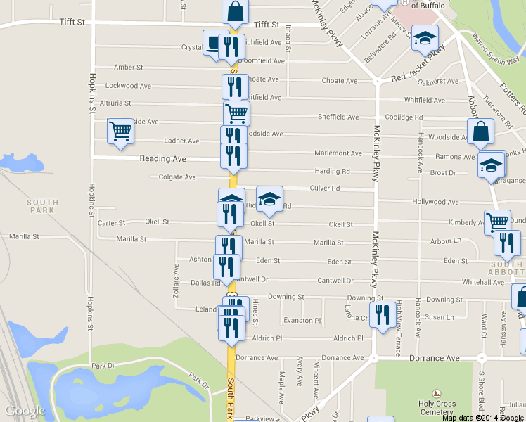 map of restaurants, bars, coffee shops, grocery stores, and more near 45 Ridgewood Road in Buffalo