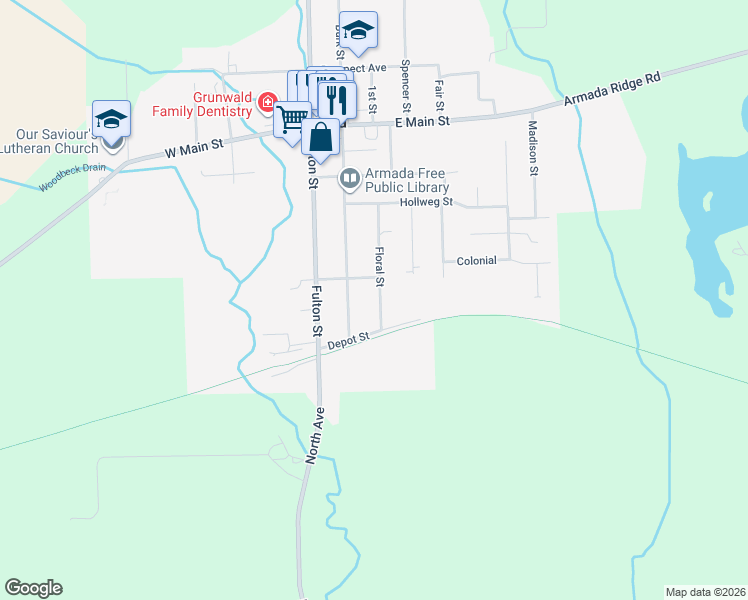 map of restaurants, bars, coffee shops, grocery stores, and more near 73414 Church Street in Armada