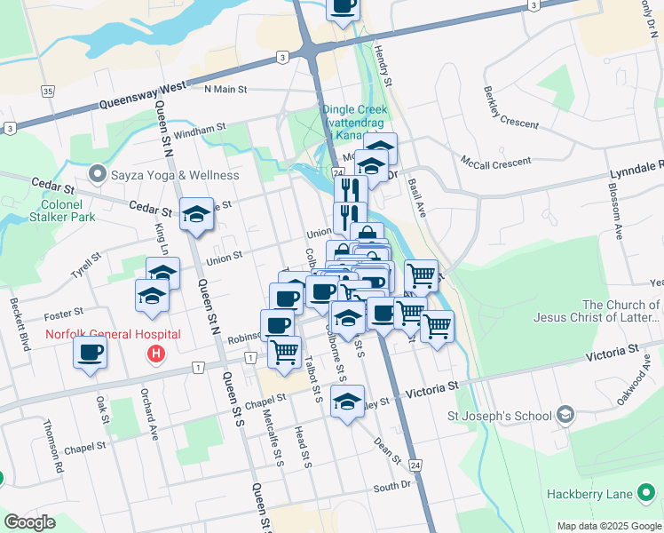 map of restaurants, bars, coffee shops, grocery stores, and more near 72 Kent Street North in Simcoe