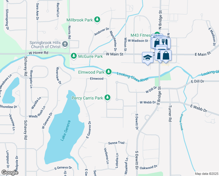 map of restaurants, bars, coffee shops, grocery stores, and more near 518 Looking Glass Glen Drive in DeWitt