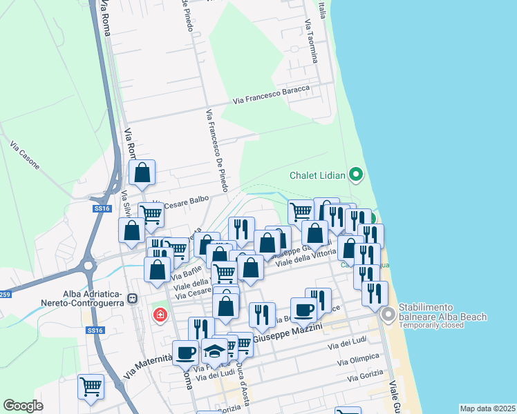 map of restaurants, bars, coffee shops, grocery stores, and more near 17 Via F. Baracca in Alba Adriatica