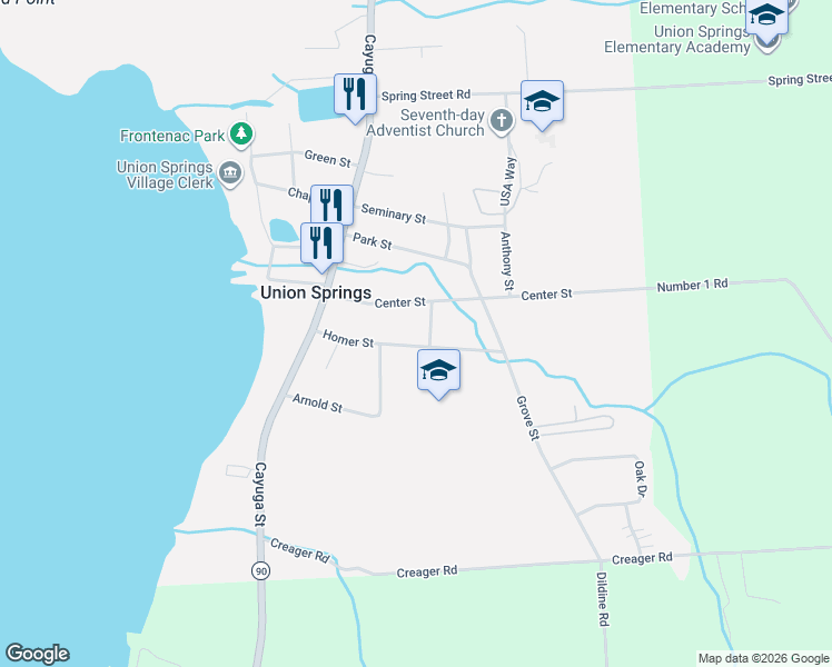 map of restaurants, bars, coffee shops, grocery stores, and more near 2 Ridgeway Street in Union Springs