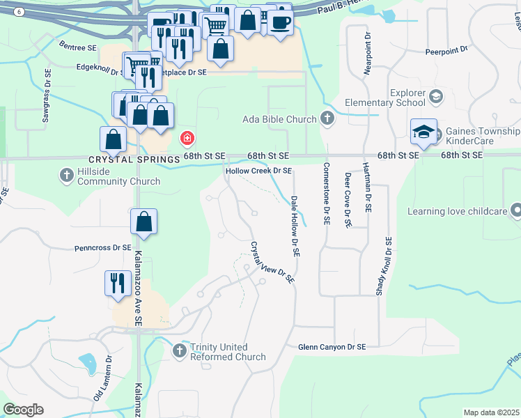 map of restaurants, bars, coffee shops, grocery stores, and more near 1869 Wedgefield Court Southeast in Caledonia