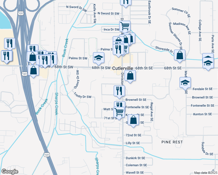 map of restaurants, bars, coffee shops, grocery stores, and more near 38 Rawlings Street Southwest in Grand Rapids