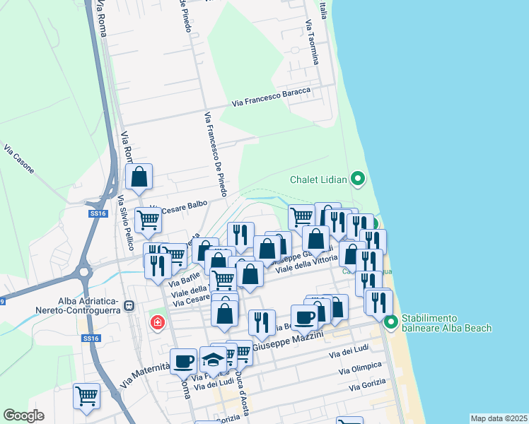 map of restaurants, bars, coffee shops, grocery stores, and more near 39 Via F. Baracca in Alba Adriatica