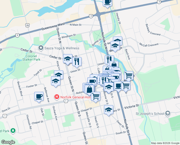 map of restaurants, bars, coffee shops, grocery stores, and more near 96 Talbot Street North in Simcoe