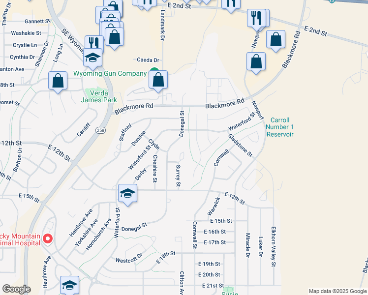 map of restaurants, bars, coffee shops, grocery stores, and more near 1013 Surrey Court in Casper
