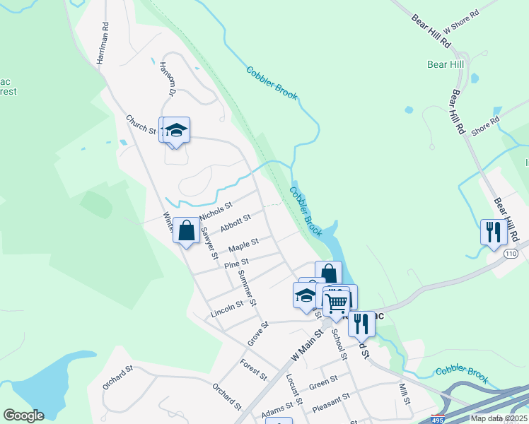 map of restaurants, bars, coffee shops, grocery stores, and more near 59 Church St in Merrimac